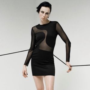 Zara Mesh Semi-Sheer Black Long Sleeve Cut Out Stretchy Mini Dress Size Medium